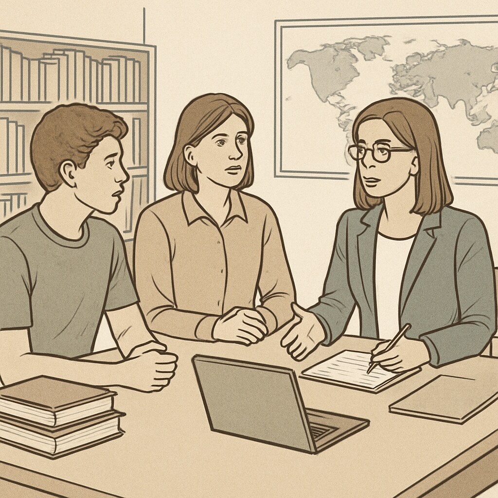 A student and parent discussing college preparation plans with an educational consultant. Parent and student planning with an education consultant for U.S. master’s programs.