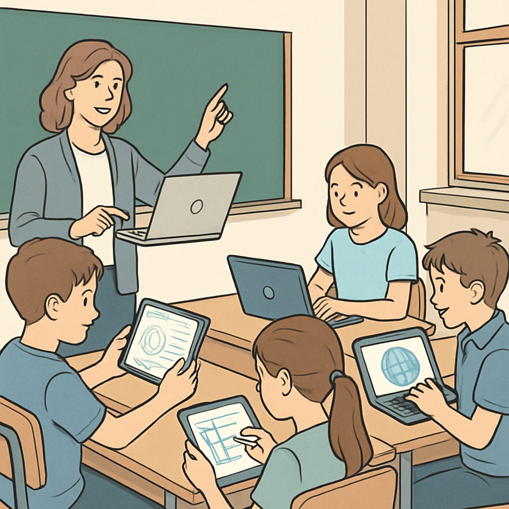 Students using digital devices to explore effective learning methods in a classroom