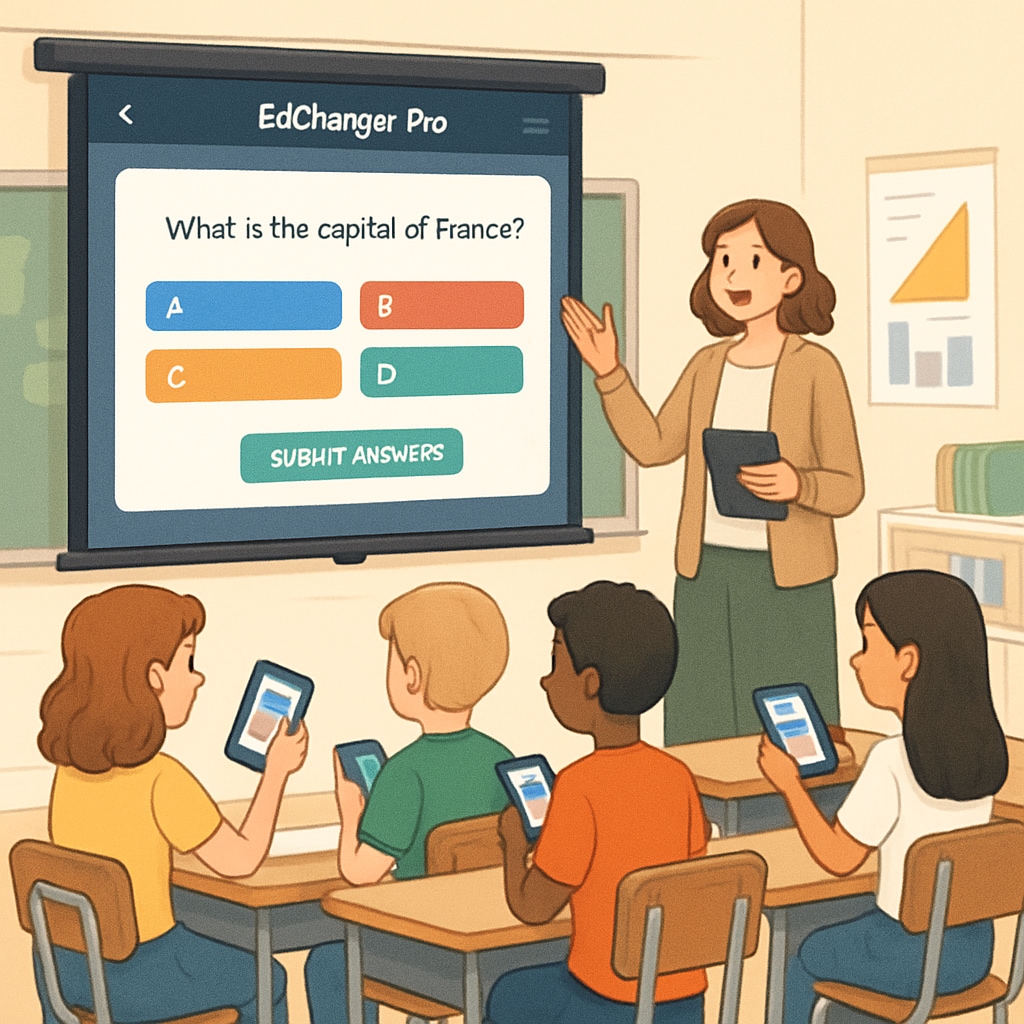 Students engaging with a digital quiz on EdChanger Pro displayed on a classroom projector. The image demonstrates the app's interactive features and student engagement. Students using EdChanger Pro for a classroom quiz.