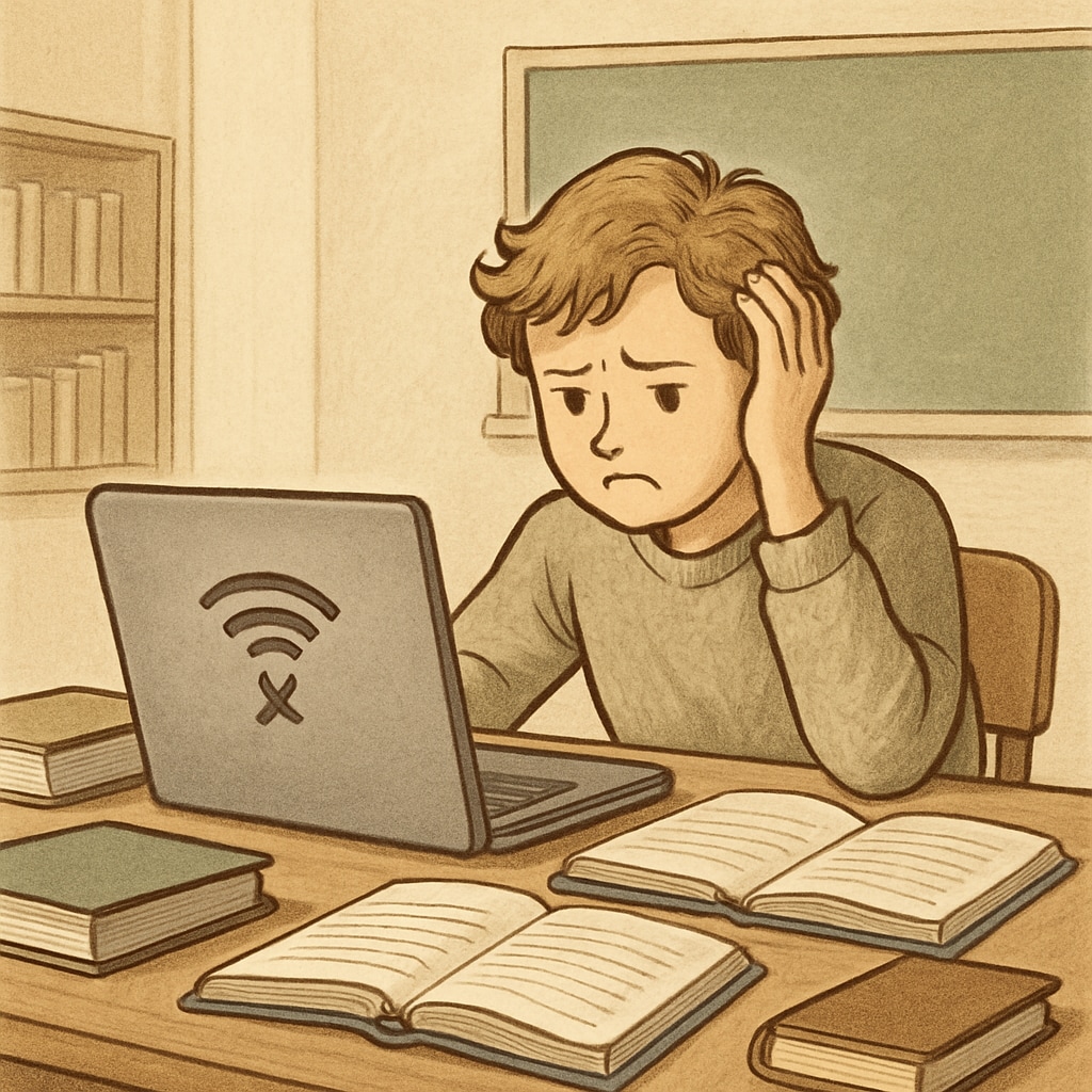 A young student struggling with internet connectivity, highlighting the challenges of online learning. A student facing connectivity issues during online learning, illustrating digital divide challenges.