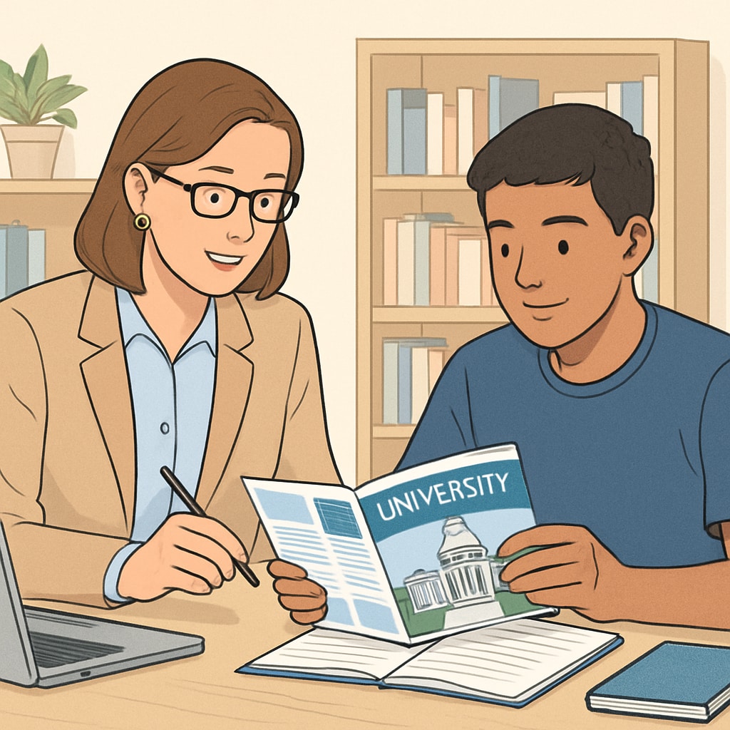 A professional education consultant reviewing university brochures with a high school student. Education consultant guiding a high school student on U.S. university options.