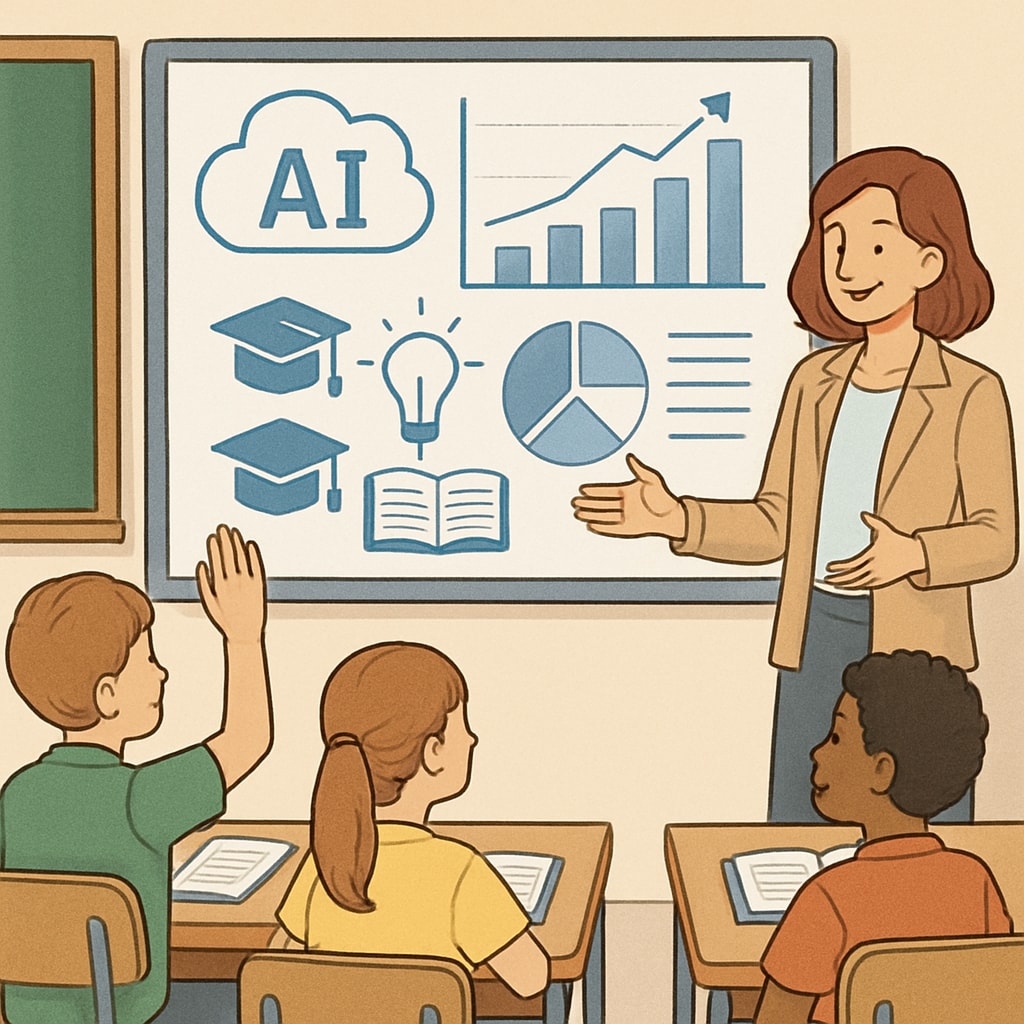 A teacher interacting with students while AI-powered tools are displayed on a smartboard. Teacher and students using AI tools in the classroom