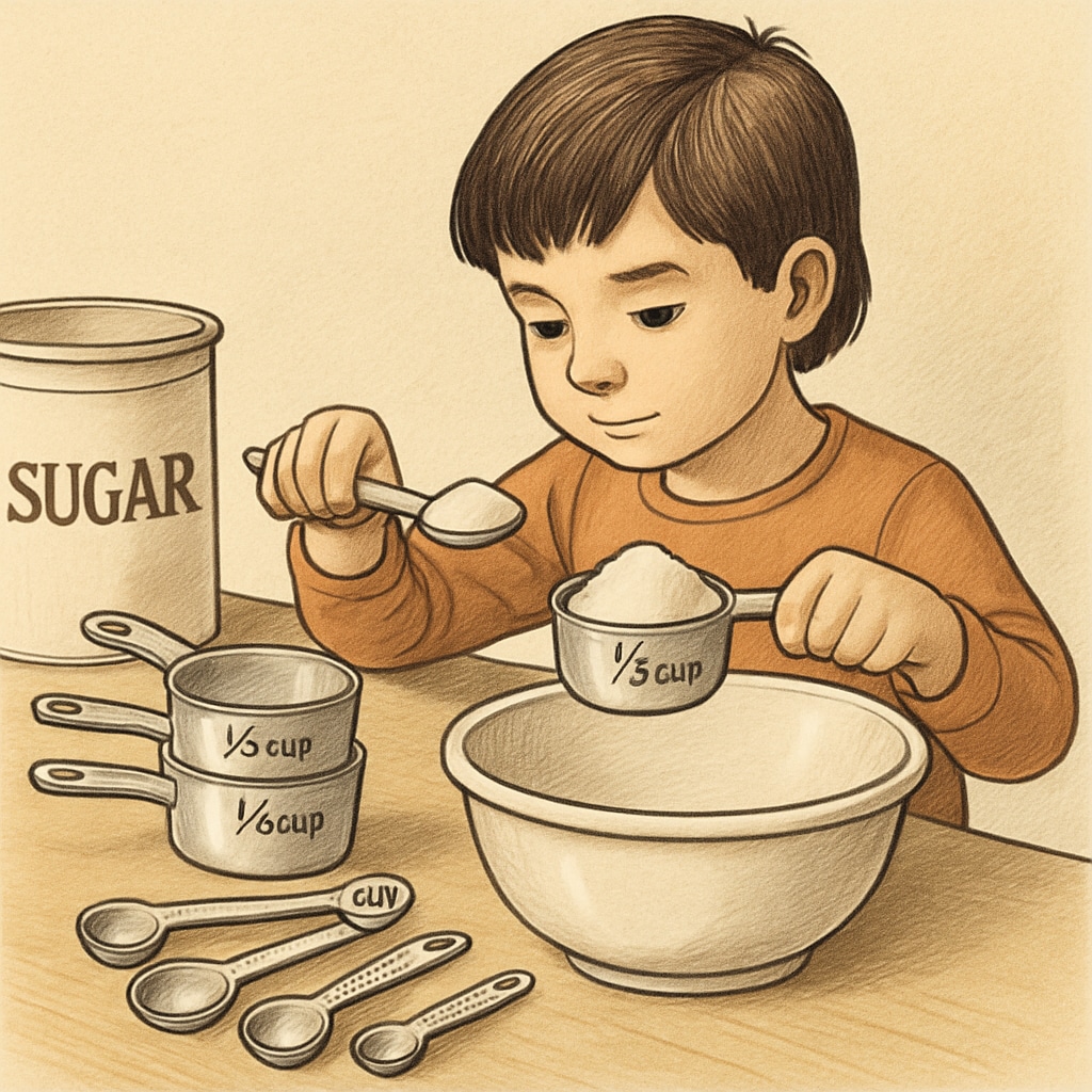 A child measuring ingredients while baking to demonstrate the practical use of fractions in everyday life. Child applying math in everyday activities like baking.