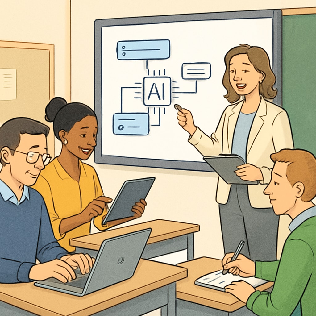 A professional development seminar where teachers are learning to use AI tools in the classroom. Teachers in a workshop learning about AI in education