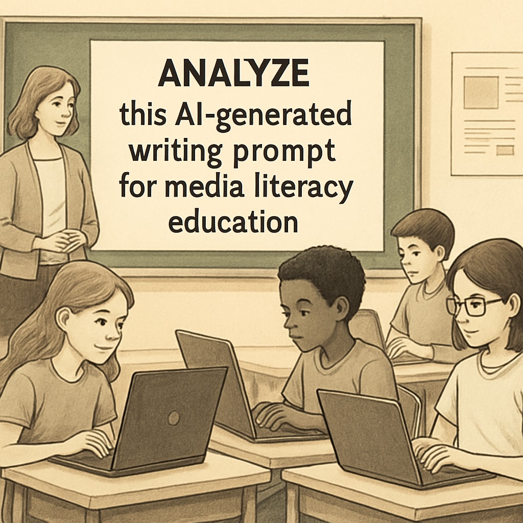 Students in a classroom using AI writing prompts to enhance media literacy skills.