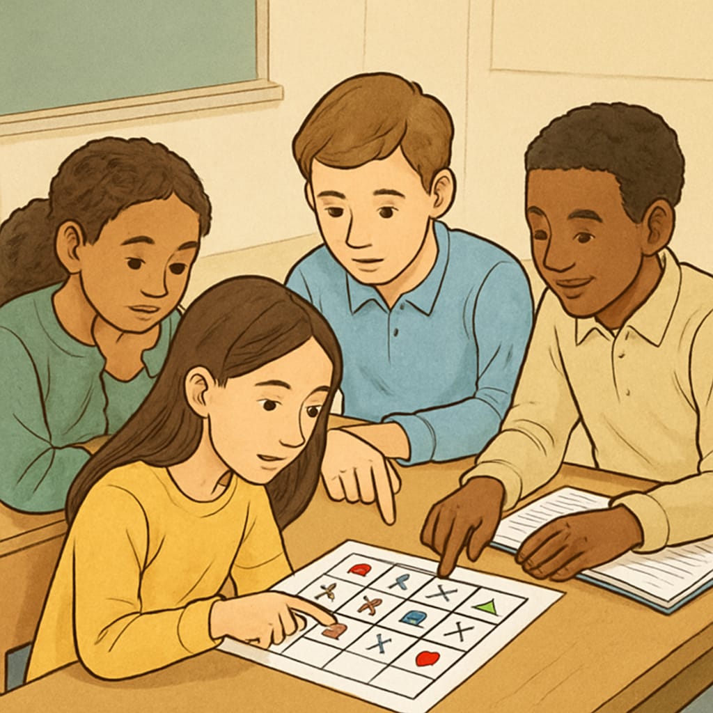 Students collaborating on a logic-based puzzle to develop analytical thinking skills. Students solving puzzles to improve problem-solving abilities through math.