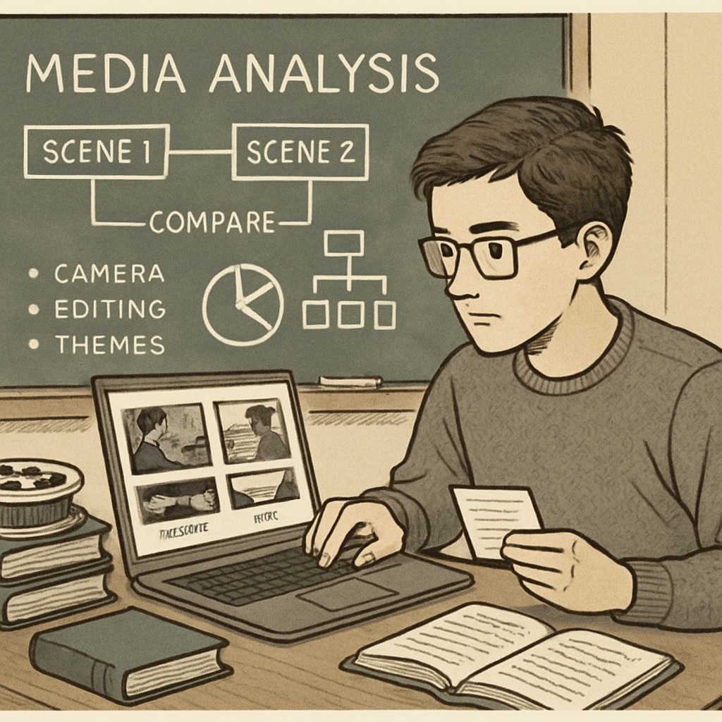 High school student using AI tools to analyze film scenes and develop narratives.
