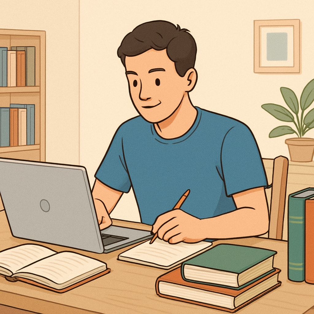 A student using a laptop to study in a relaxed home setting, emphasizing the flexibility of online education. Online learning flexibility for international students.