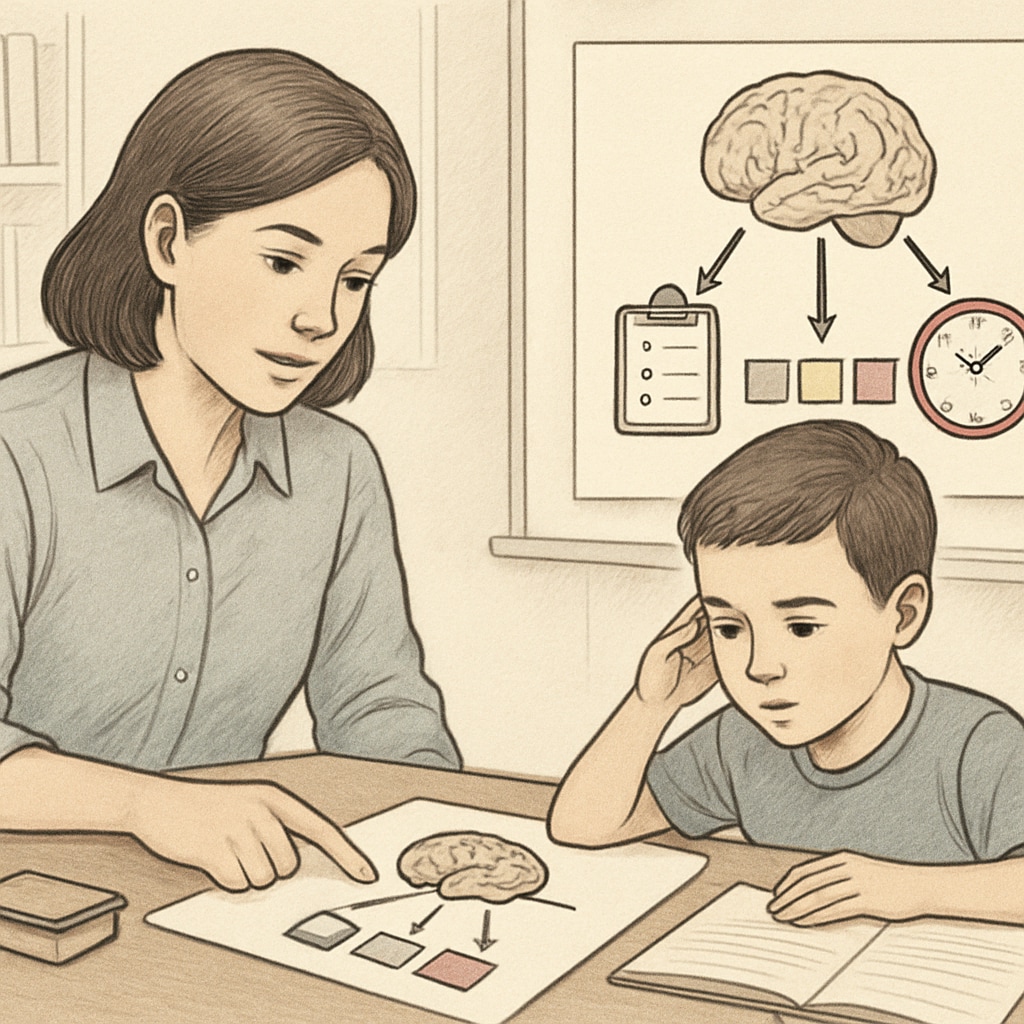 A parent working with a child using visual aids to improve executive function skills. The child appears engaged while the parent provides guidance. Visual aids for executive function support in children with ADHD and autism.