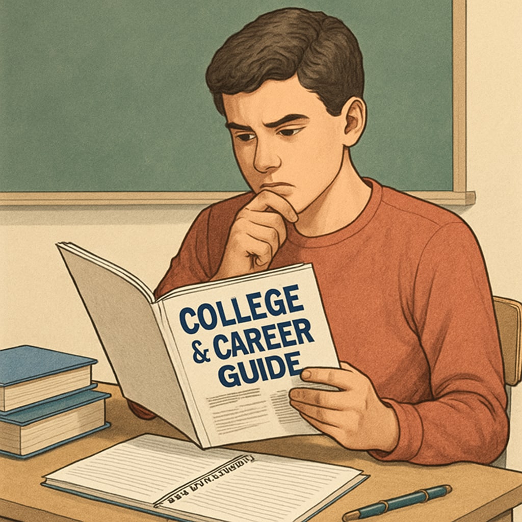 A high school student thoughtfully looking at a college catalog or career guide, representing the decision-making process. High school student exploring college major options