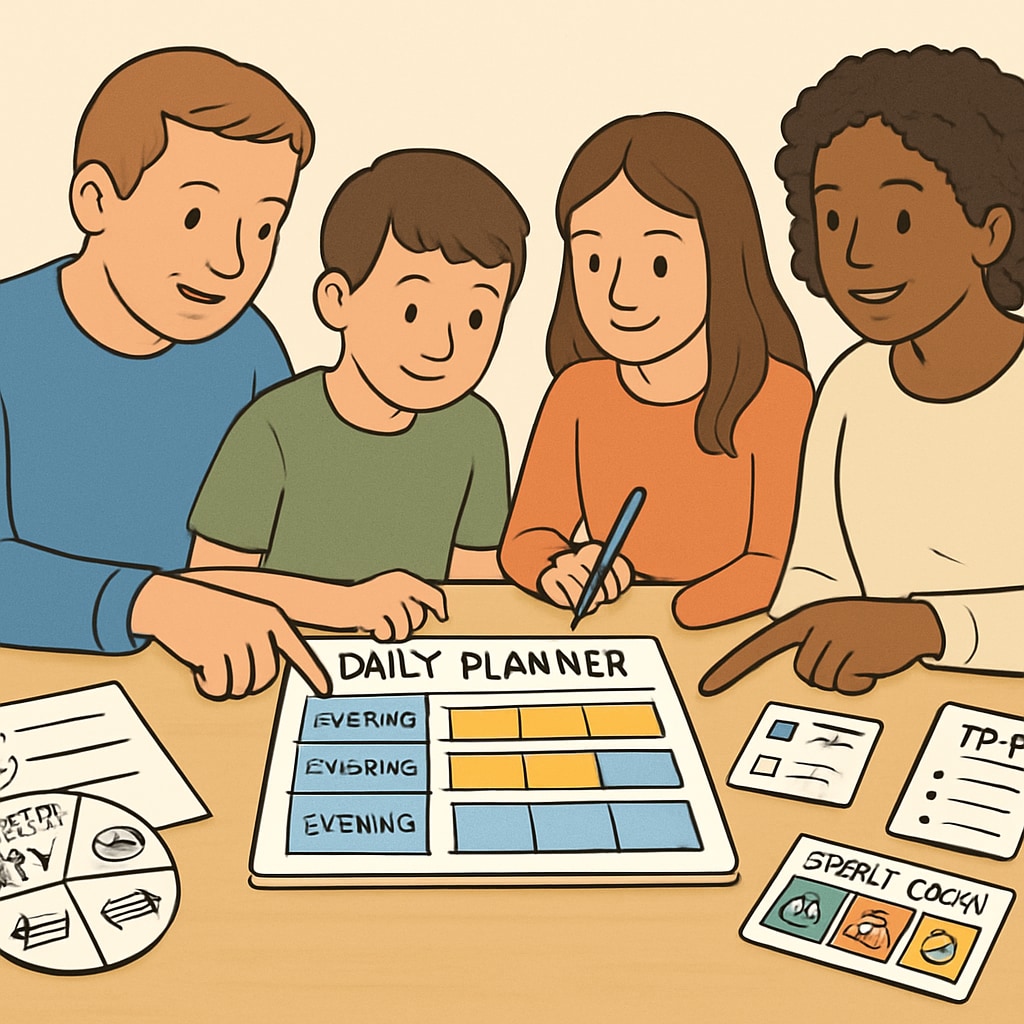A family discussing a daily planner, illustrating routine-building tools for ADHD and autism management. The family looks collaborative and focused. Routine-building tools for families with ADHD and autism.