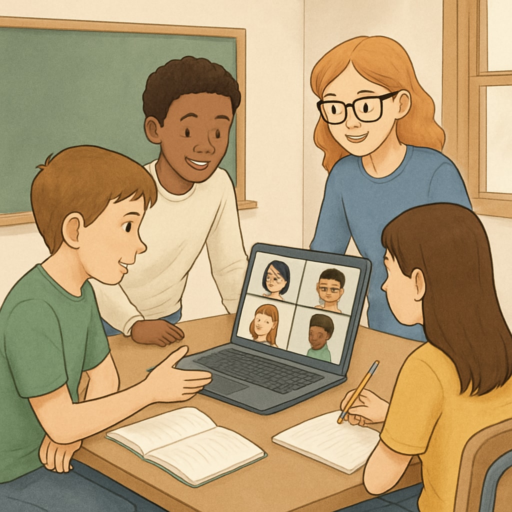 A group of students collaborating on a Zoom activity in a classroom setting, highlighting teamwork and engagement. Students working together on a Zoom activity, showcasing interactive learning.