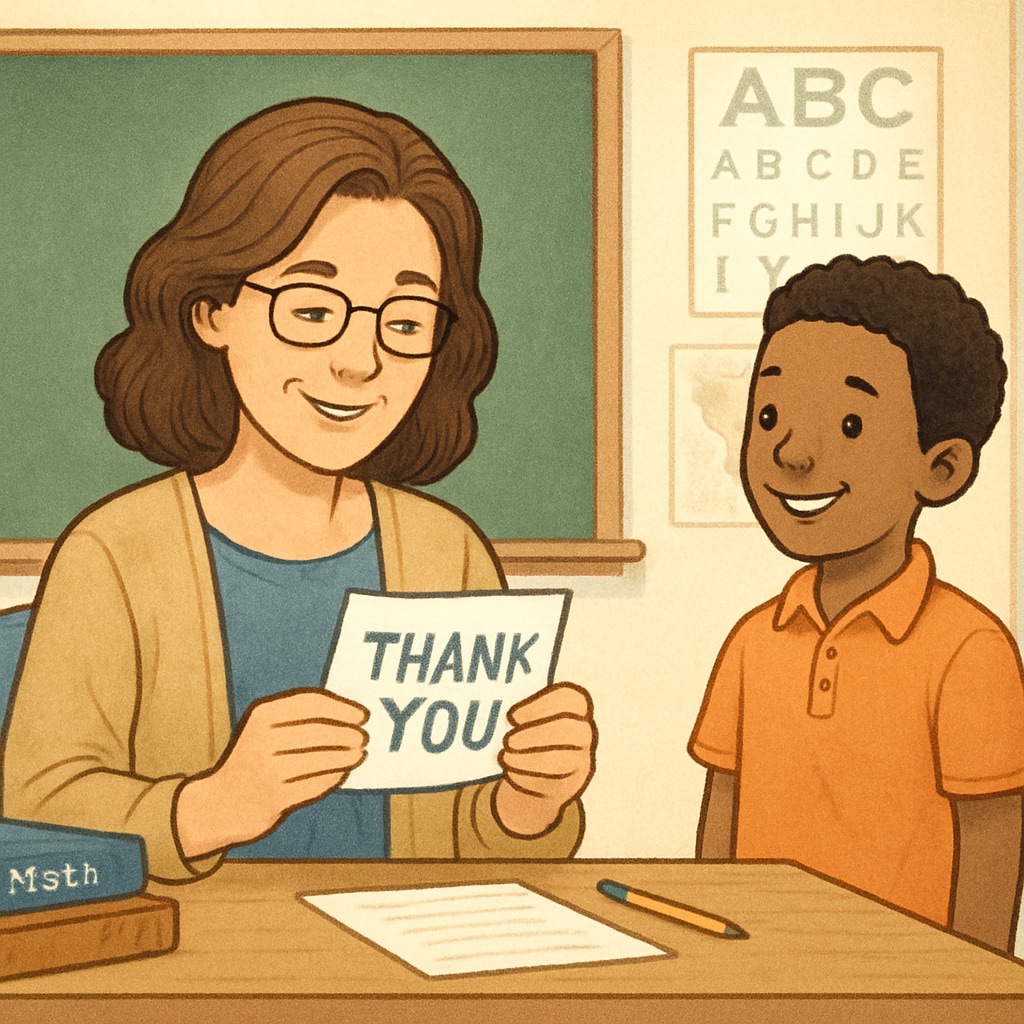 A teacher receiving a heartfelt thank-you note from a student, symbolizing the deep connection in teacher-student relationships. Teacher receiving a thank-you note from a student, representing teacher-student bonds.