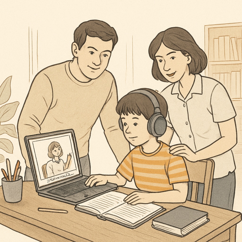 Family supporting a child learning through an online public school.
