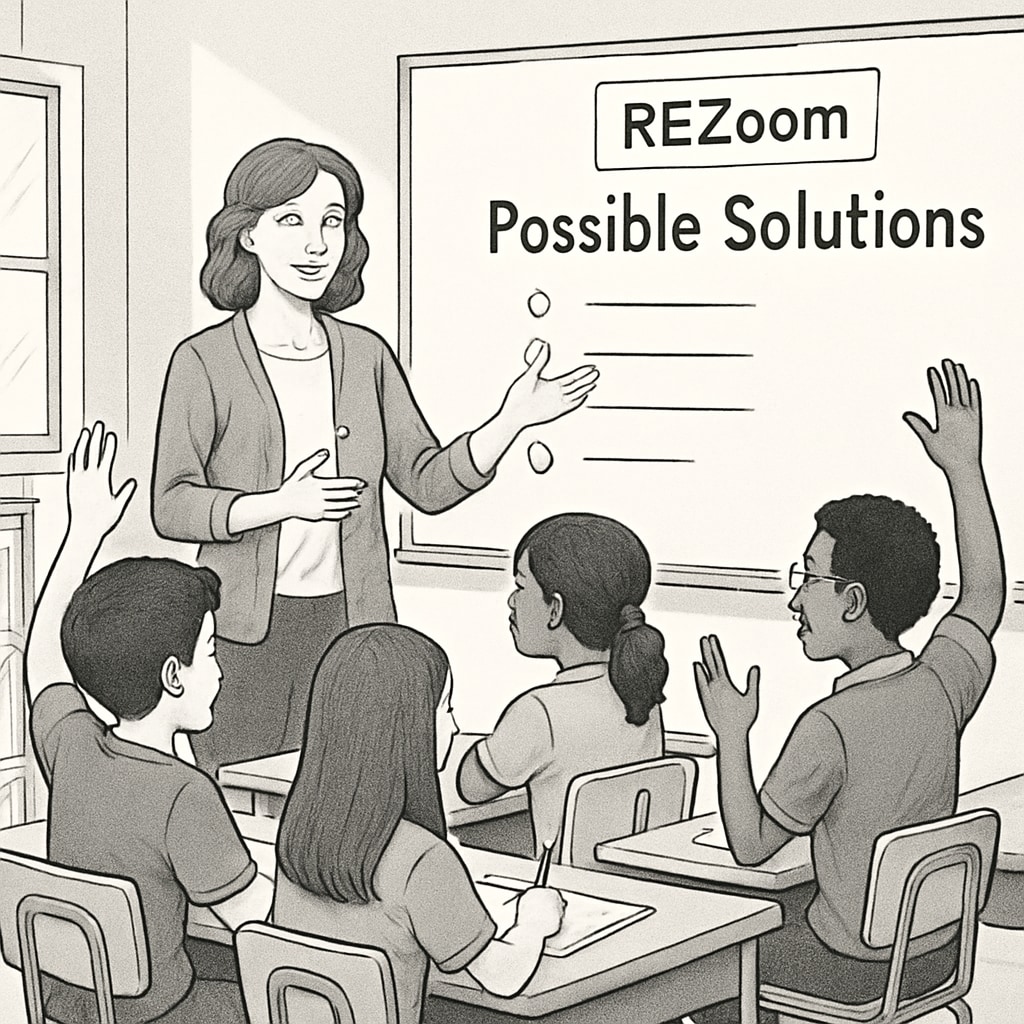 A teacher leading a classroom discussion on possible solutions to a REZoom activity, with students actively contributing ideas. Teacher and students discussing REZoom activity solutions, emphasizing critical thinking.