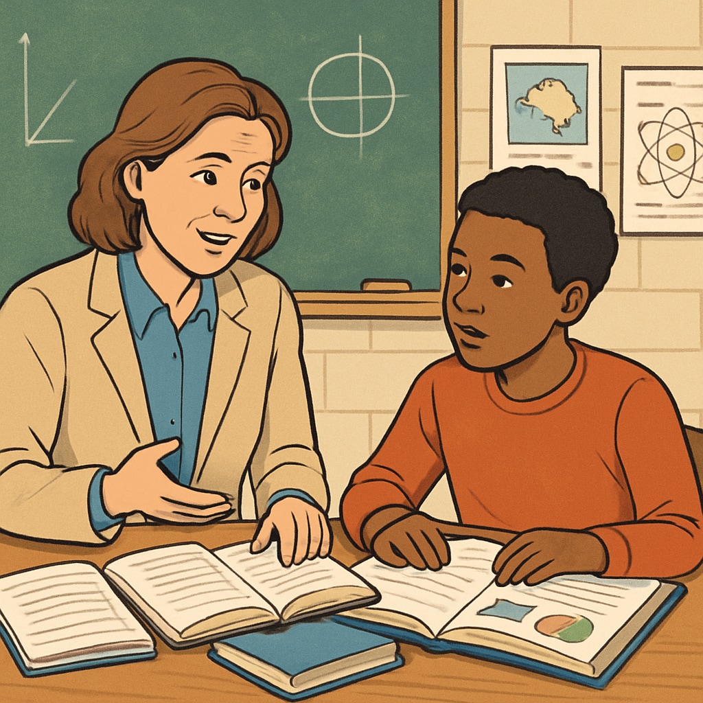 A teacher and student engaged in a meaningful conversation, highlighting the core of teacher-student relationships. Teacher and student having a meaningful conversation, representing educational connections.