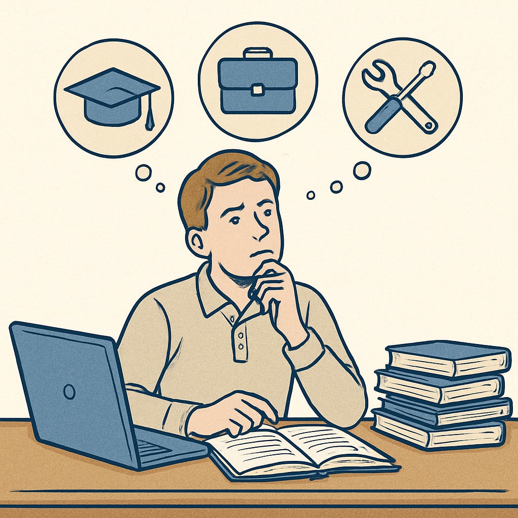 High school student contemplating college major choices, with books and a laptop.