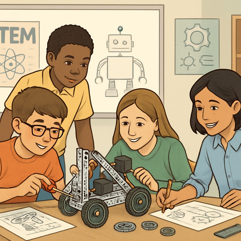 A classroom of K12 students engaged in a STEM robotics project, showcasing teamwork and engineering principles. K12 students working on a robotics project as part of STEM education, demonstrating engineering thinking.