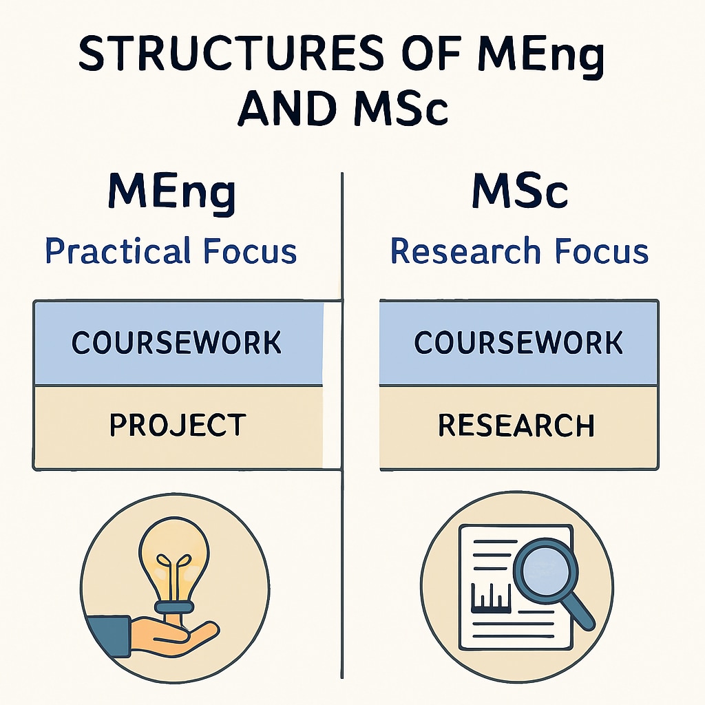 A visual comparison of MEng and MSc program structures, highlighting key differences such as practical vs. research focus. Comparison chart of MEng and MSc degrees, emphasizing practical and research-oriented aspects.
