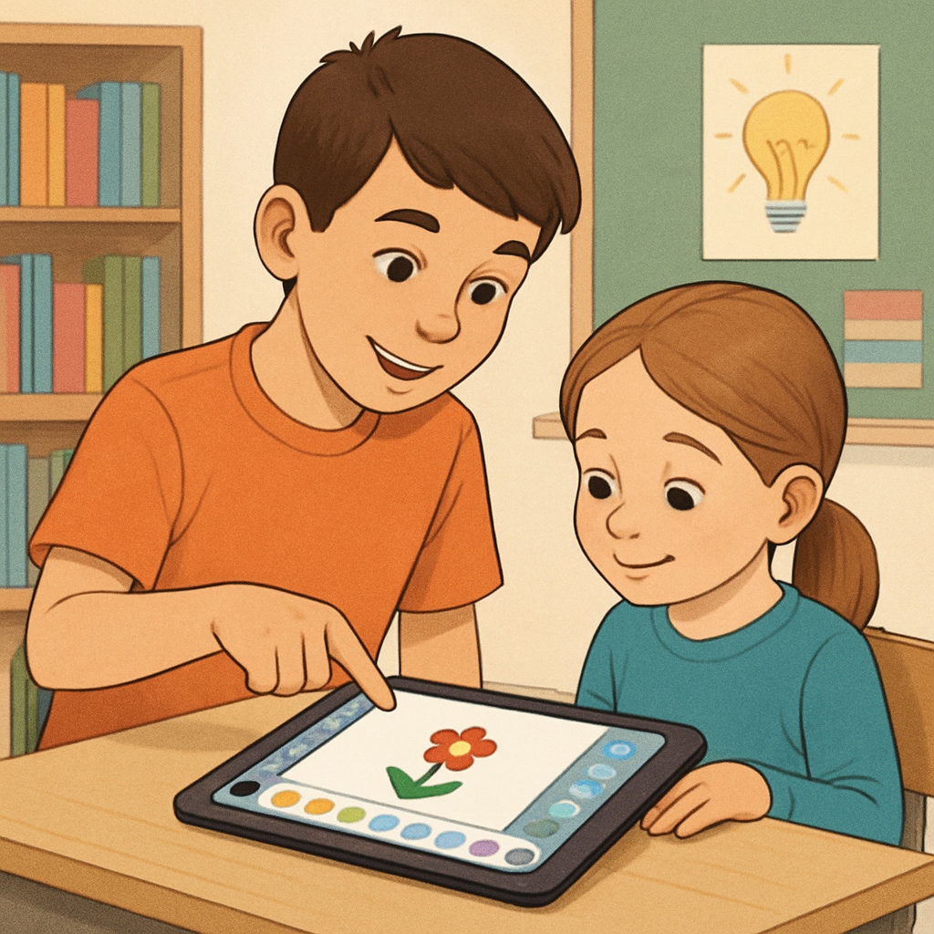 Fourth grader helping a kindergartener with a digital art activity on a tablet in a buddy program.
