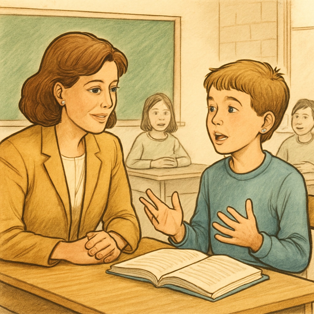 A teacher attentively listening to a student share their thoughts in a classroom setting. Teacher listening to a student in a classroom, fostering meaningful teacher-student interaction.