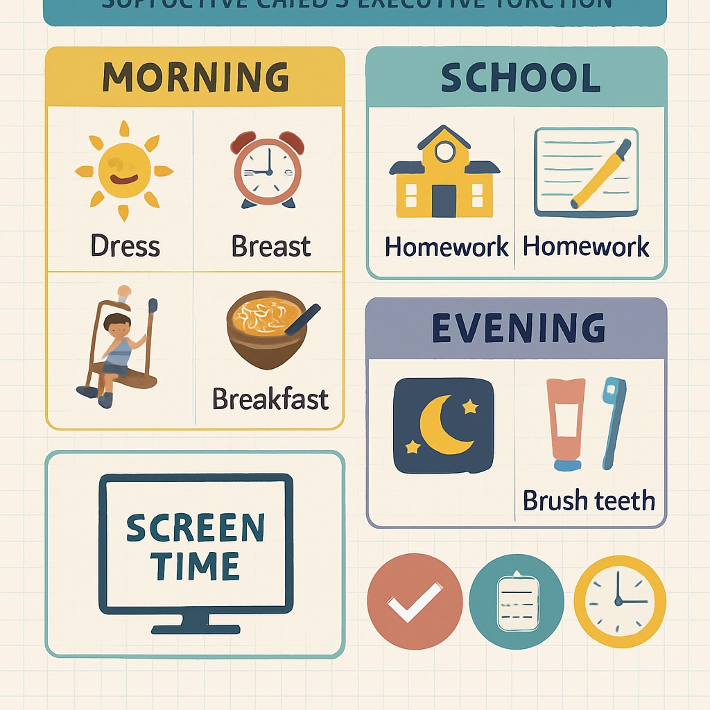 A visual schedule used by a family to support their child's executive function development. Visual schedule tailored to improve organization and task management for children with ADHD and autism.