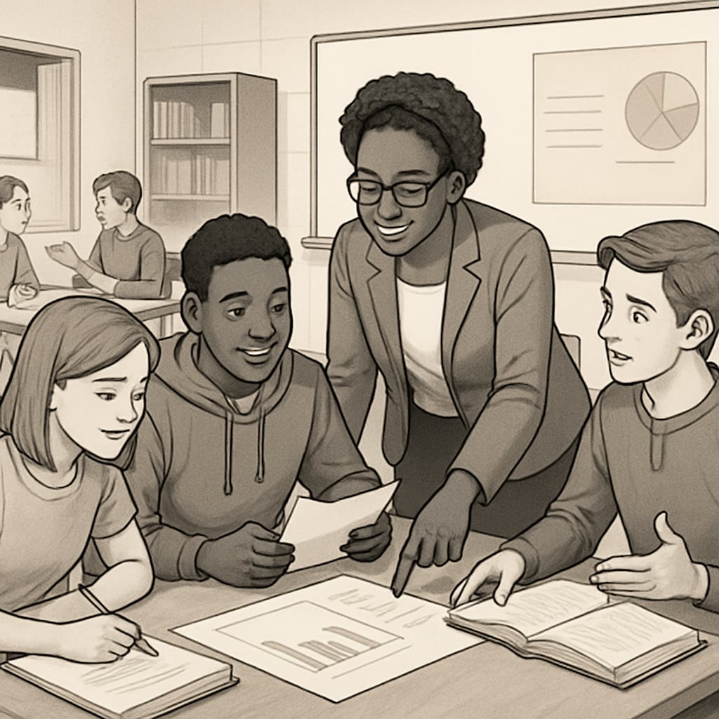 A classroom environment where students and teachers are collaborating on a group project. Collaborative classroom setting showcasing student gratitude and teacher influence.
