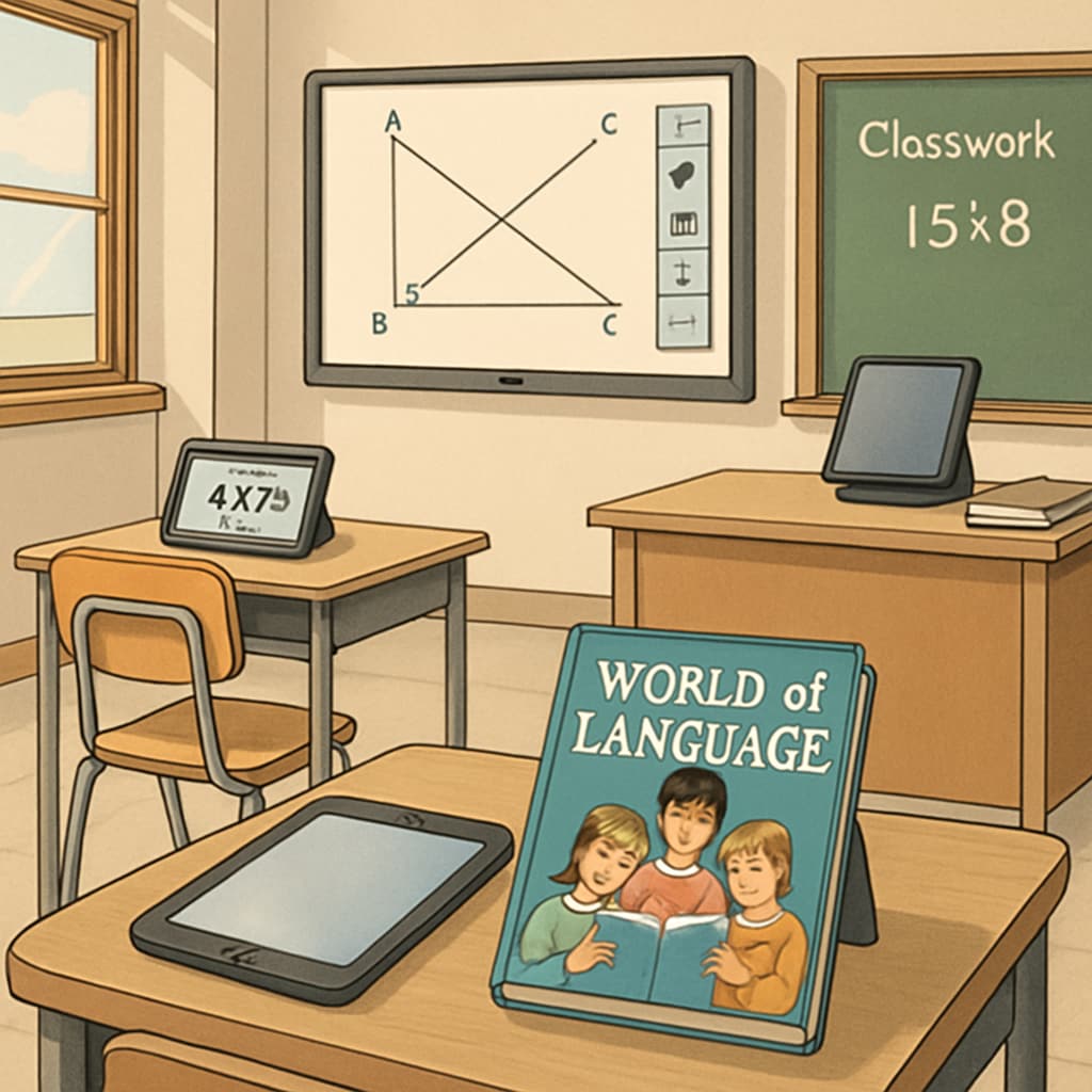 A classroom setting showing modern educational tools alongside vintage textbooks like Classroom scene showing old and modern educational tools.