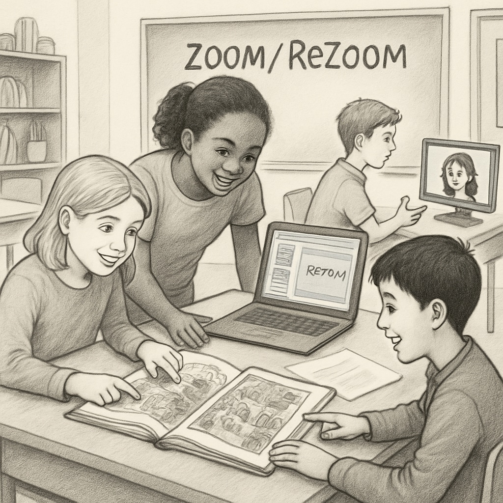 A group of students collaborating on Zoom/ReZoom activities in a classroom setting, showing teamwork and engagement. Students engaging in Zoom/ReZoom activities in a classroom.