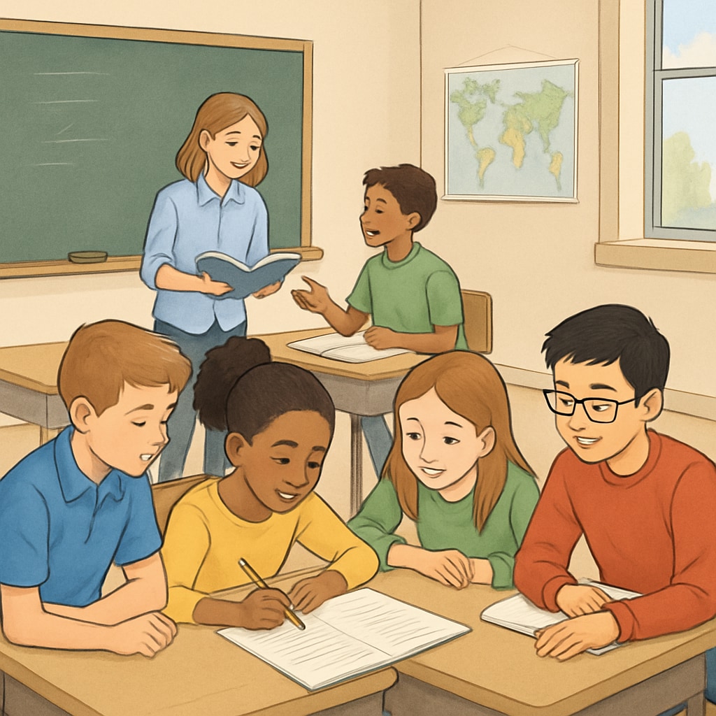 A classroom setting with students engaged in group work, showcasing active learning methods. Students participating in active learning methods in a classroom.