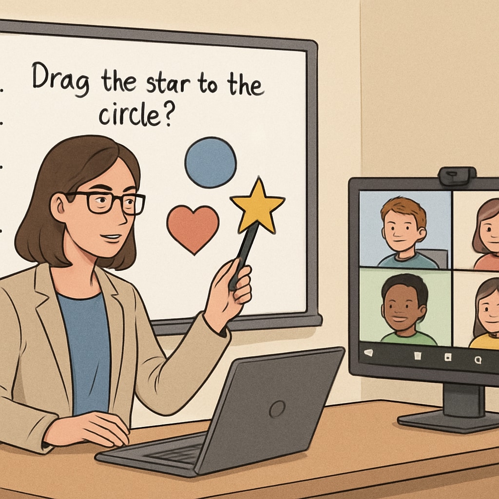 A teacher using a digital whiteboard to guide Zoom/ReZoom activities during an online lesson, demonstrating virtual adaptability. Teacher facilitating Zoom/ReZoom activities via a digital whiteboard.