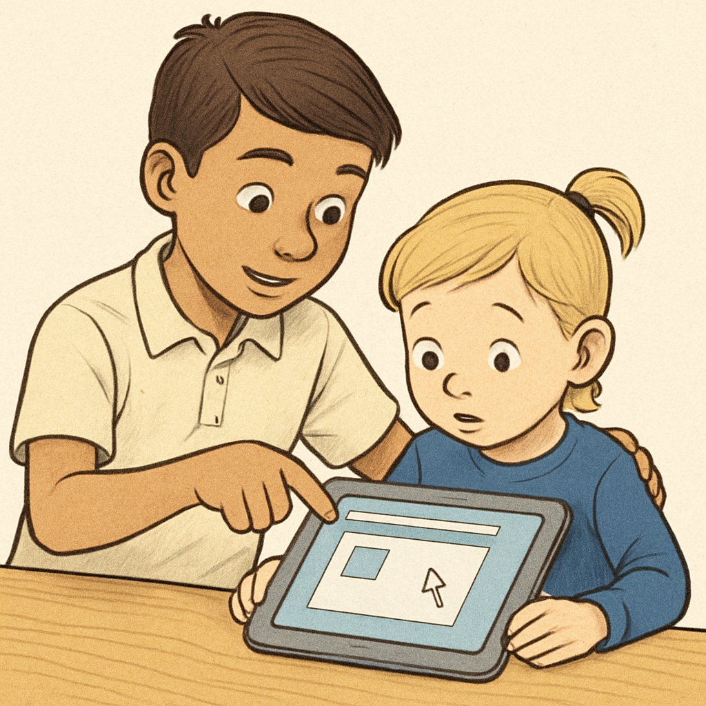 A fourth-grade student guiding a kindergarten child through a computer activity on a tablet. Fourth-grade student mentoring a kindergarten child in a computer activity.