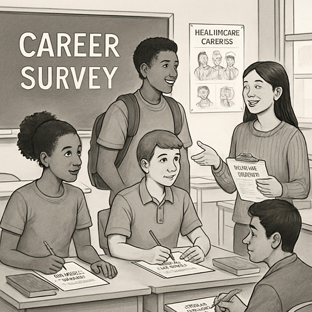A group of diverse high school students engaged in a career survey focused on healthcare professions. High school students participating in a medical career survey.