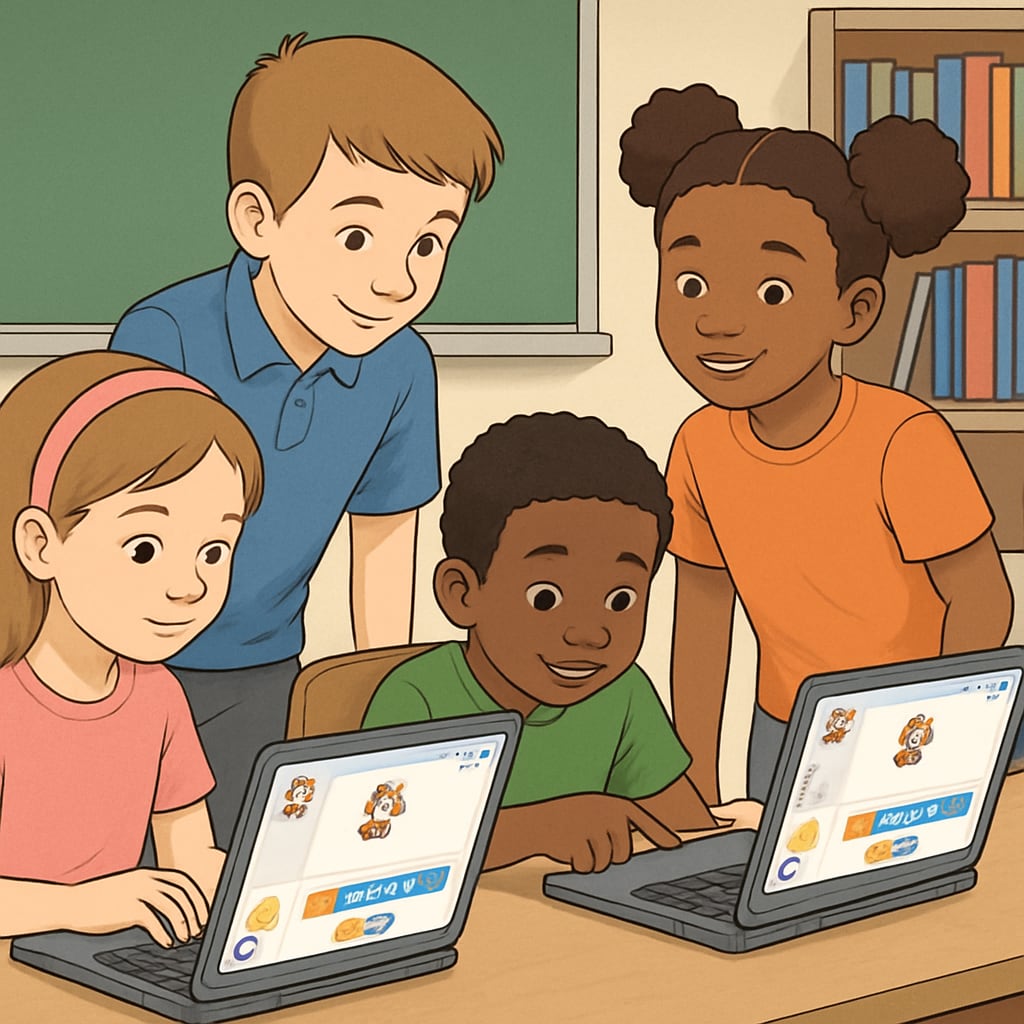 Kindergarten and fourth-grade students collaborating on a coding project using ScratchJr on laptops. Students collaborating on a coding project using ScratchJr.