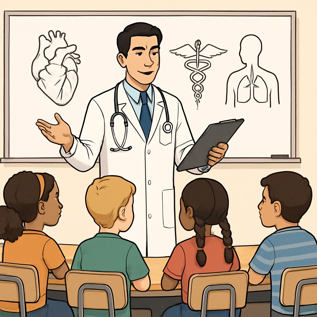 A physician speaking to a group of K12 students during a career day event, providing insights into the medical profession. Physician interacting with students during a career guidance session.
