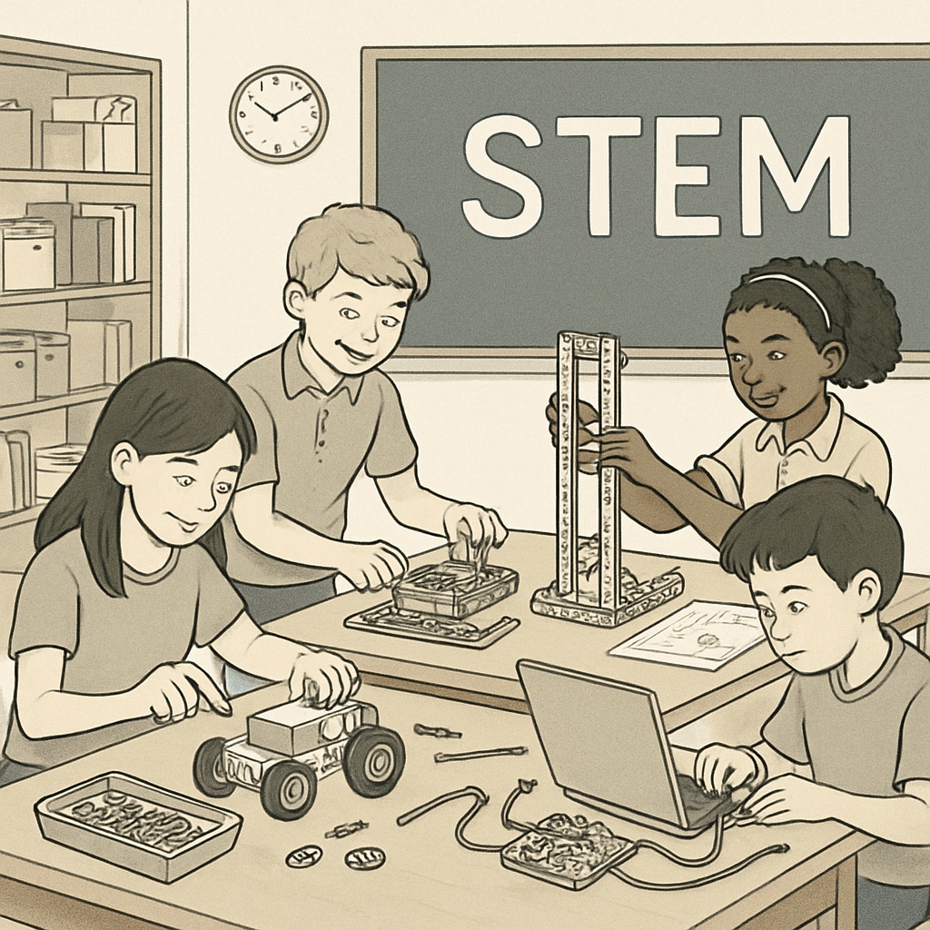 Students participating in STEM-focused engineering projects in a classroom environment.