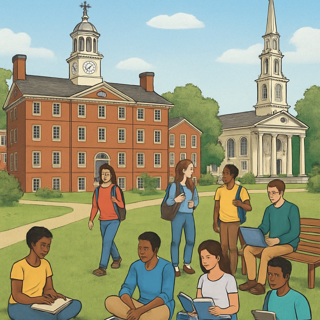 A photo of Brown University's campus, showcasing its historic buildings and diverse student body. Brown University campus with historic buildings and students walking.