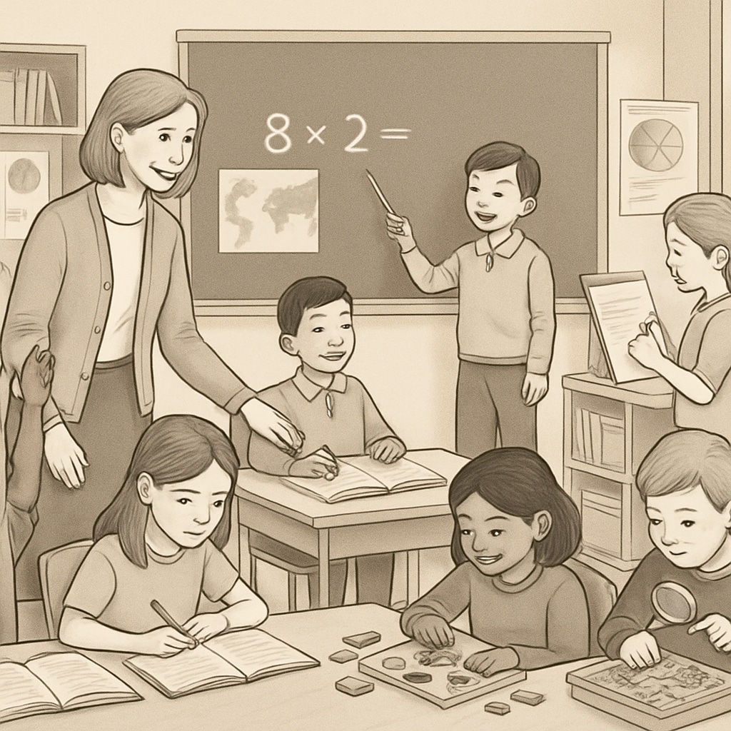 A diverse group of K12 students in a classroom actively engaging in learning activities, representing various effective learning methods. K12 students learning in a classroom using effective methods