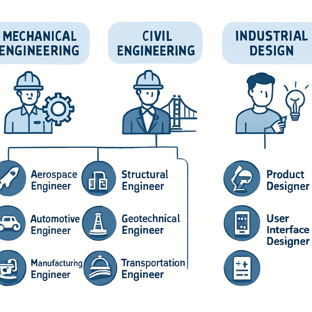 Diagram showing pathways in engineering degrees and related career options.