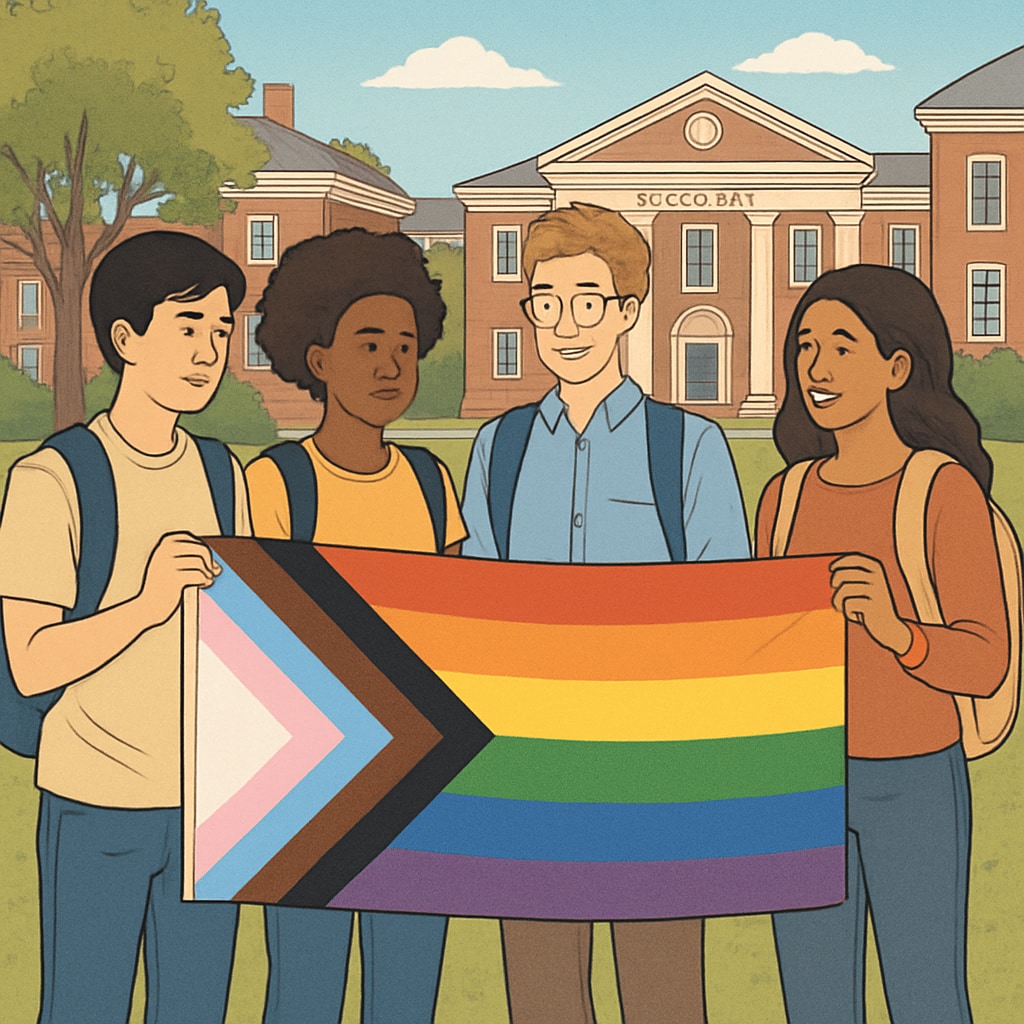 An inclusive pride flag being held by students during a university event at Brown. Students at Brown University holding a pride flag during an event.