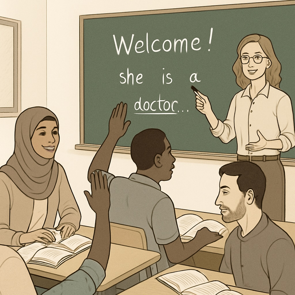 A classroom setting where adult immigrants are actively participating in a language learning session. Immigrants in a classroom receiving language education as part of cultural adaptation.