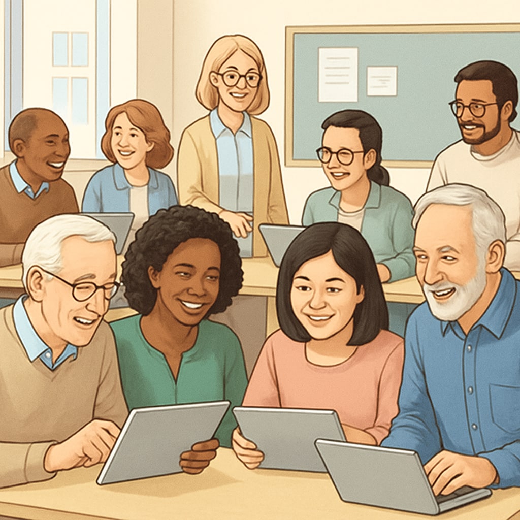 A diverse group of adults using tablets and laptops in a community education center. Adult learners using technology to bridge educational gaps for cultural adaptation.