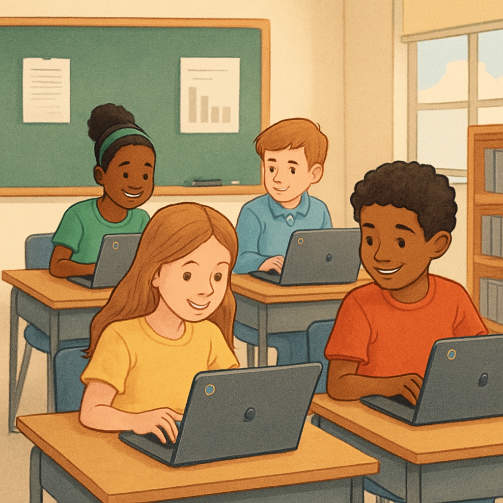 A classroom of students using Chromebooks for collaborative learning. Students in a classroom working together on Chromebooks.
