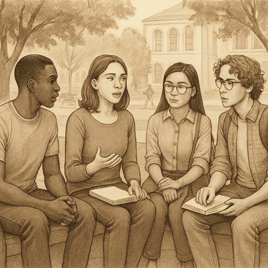 A group of diverse students, including transgender individuals, engaging in a discussion on campus. Students discussing gender-inclusive policies on a college campus.