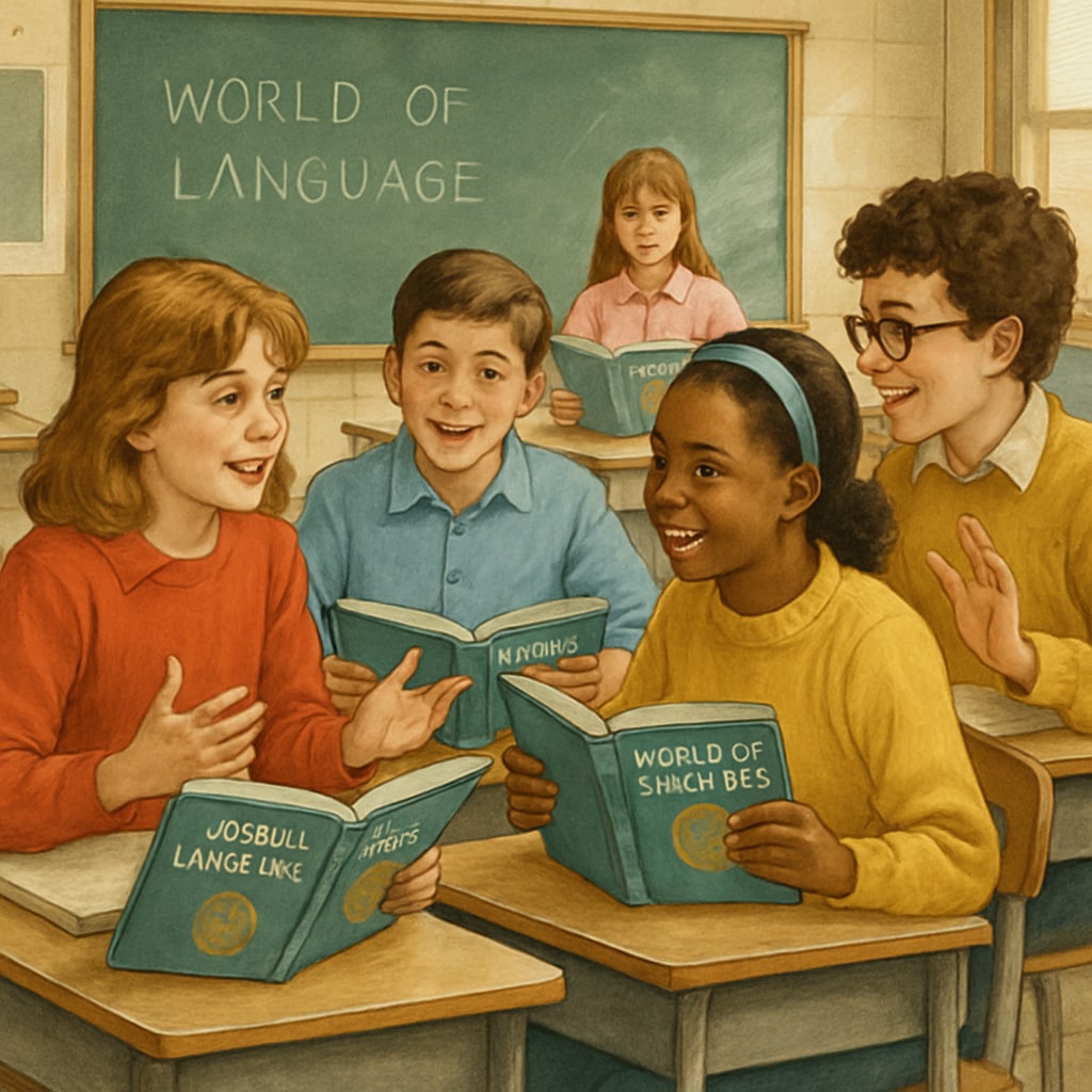 A classroom setting from the 1980s with students using Students using World of Language textbooks in a classroom setting.