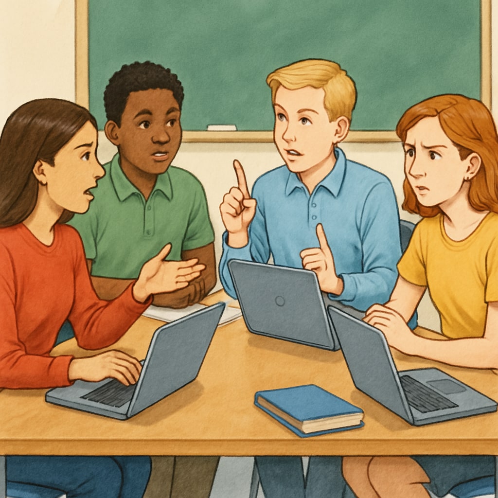 Students participating in a group debate while using laptops for reference. A group of students debating while referring to laptops for information.