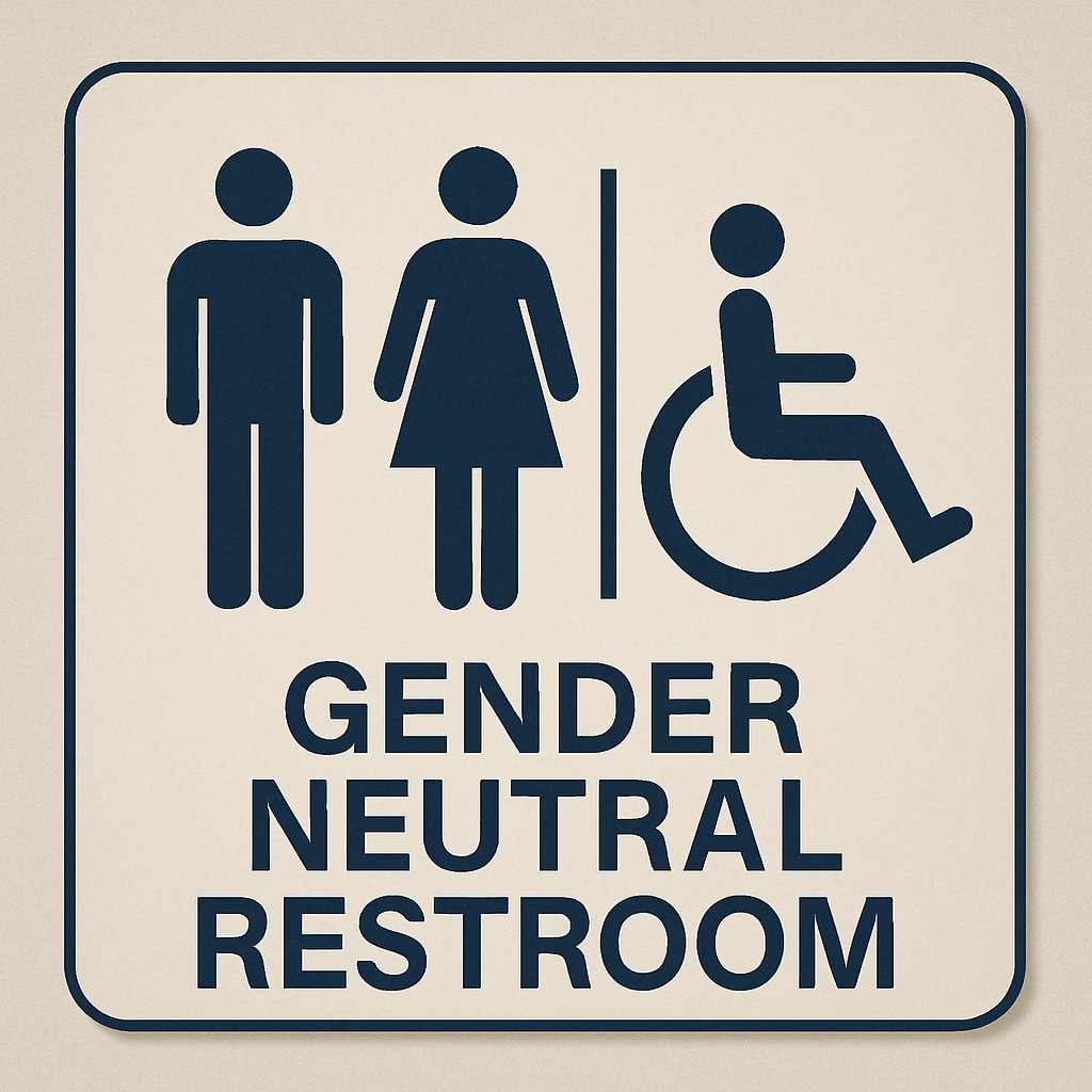 A gender-neutral restroom sign with inclusive symbols, illustrating accessibility improvements. A gender-neutral restroom sign representing inclusivity.
