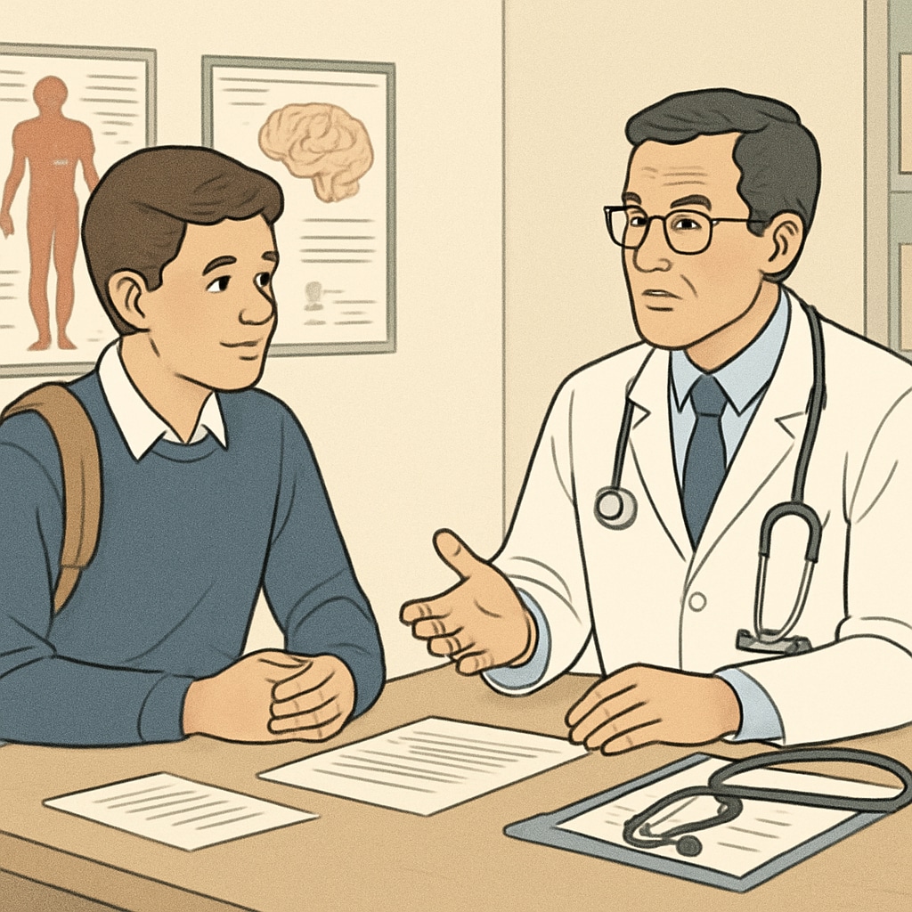 A high school student discussing career options with a doctor during a mentorship session. High school student discussing medical career options with a healthcare professional in a school program.