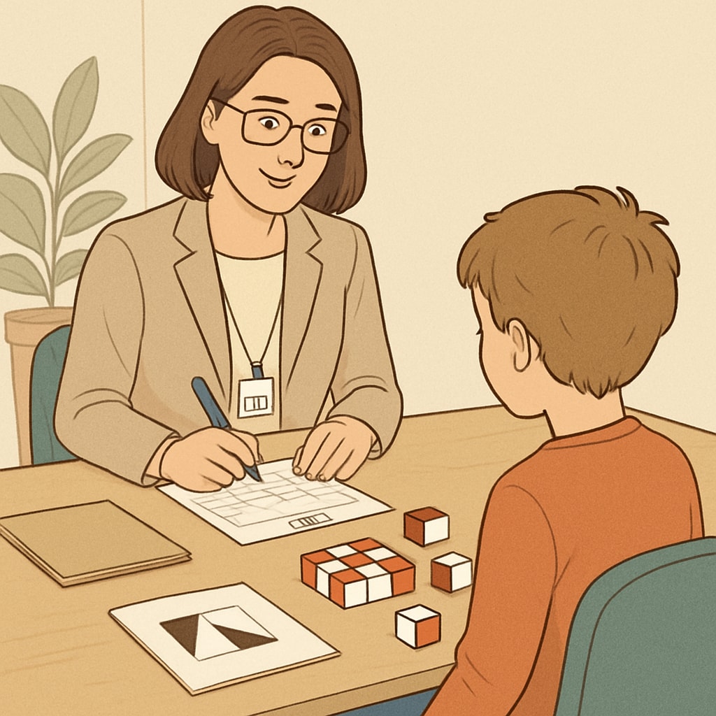 A psychologist conducting the WISC test with a child in a calm, professional environment. Psychologist administering the WISC test to a child in a professional setting.