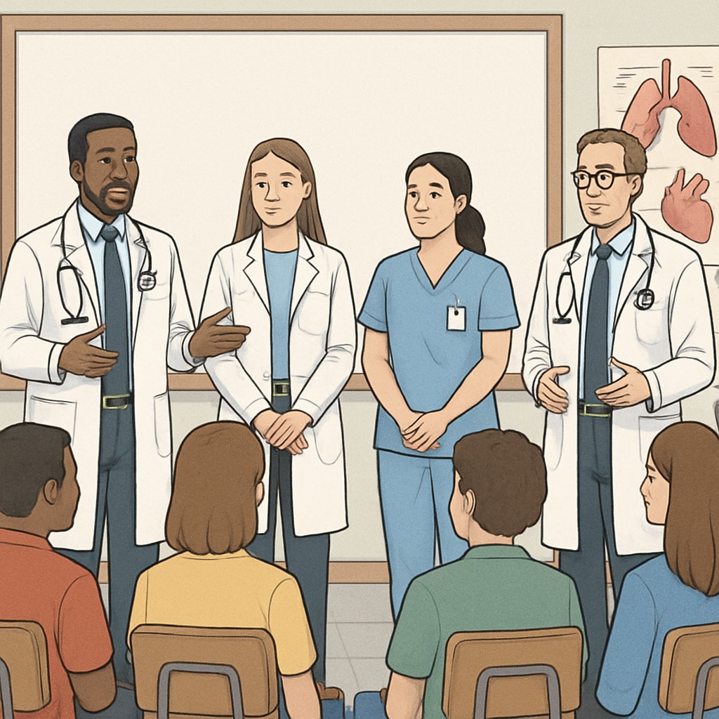 A group of students attending a healthcare panel discussion hosted by medical professionals. Students listening to a healthcare panel discussion during a career exploration event in school.